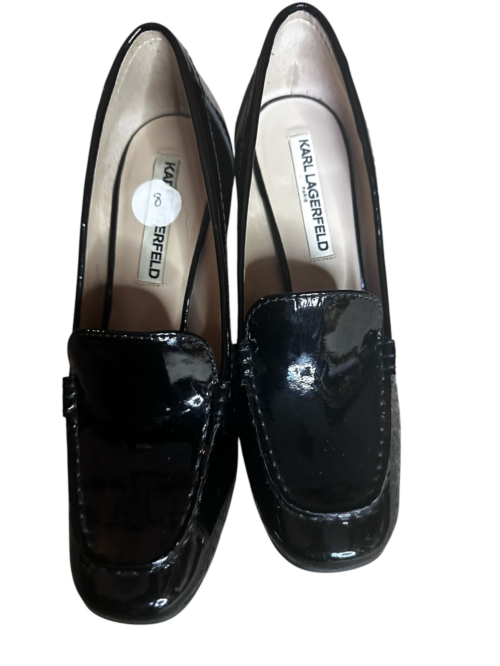 Karl Lagerfeld Black Patent Leather Block Heeled Loafers - Women's Size 8